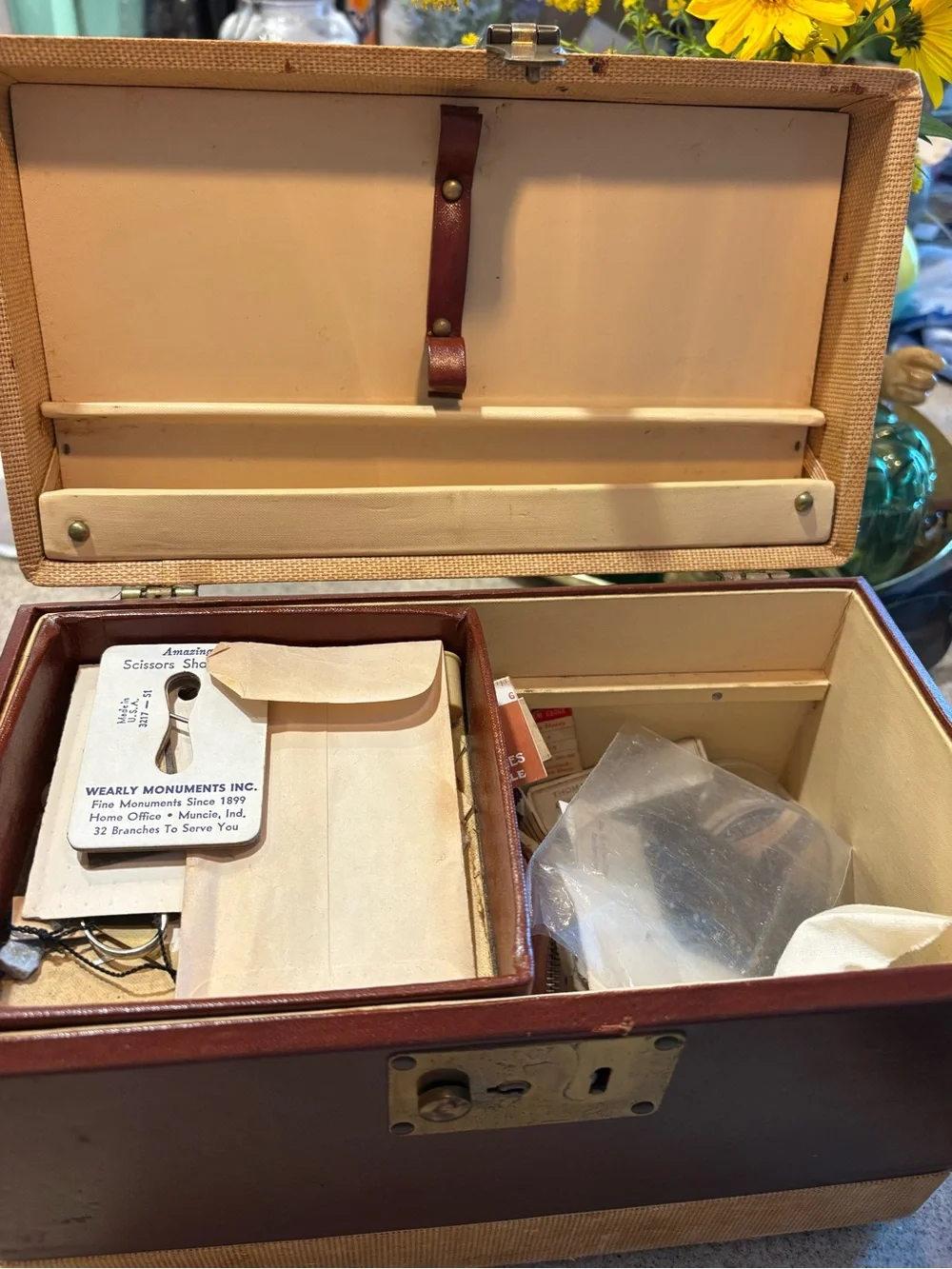 Vintage Brown & Tan Train Sewing Storage Case with Handle 1950s luggage